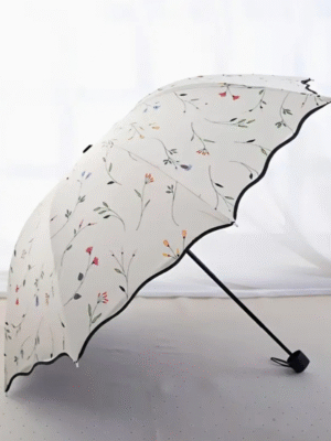 Manual Folding Umbrella with Crabapple Flower and Lotus Edge Design