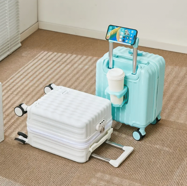 White 14 inch Hand Carry Suitcase with Cup Holder and Phone Stand